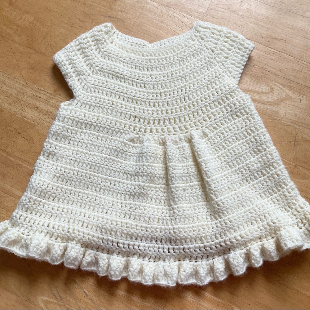 Toddler White Knit or Crocheted Sweater Dress 18m-2T Hand Made